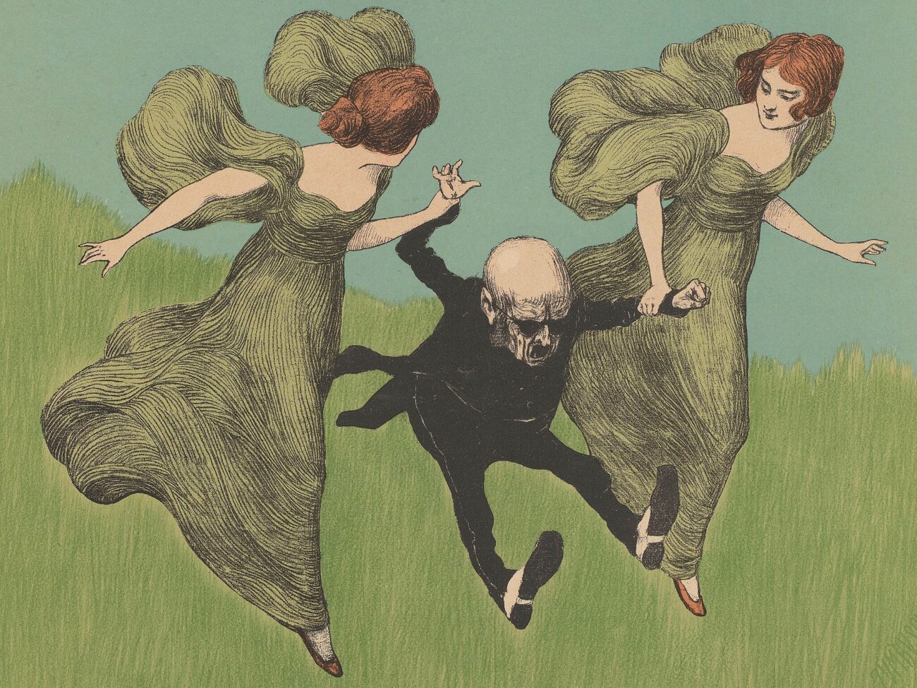 Portrait painting of two women wearing green dress dragging a man sitting on the ground wearing suit.